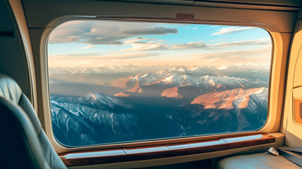 Aerial view of beautiful mountains seen through a private helicopter window.