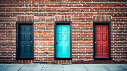 Fototapeta na wymiar House exterior with three wood sidings doors. Brick wall with a three wooden doors, right choice concept.