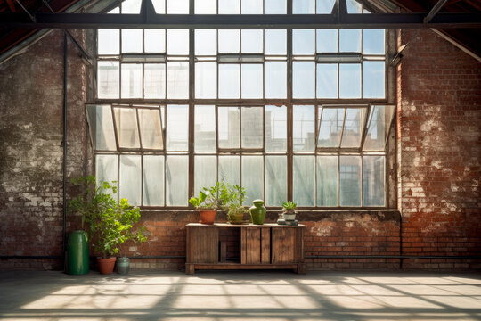 Empty, large interior with old brick walls and big windows.