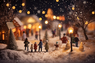Fototapeta na wymiar Christmas festive miniature winter scene - blur background