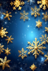 Fototapeta na wymiar Blue sparkling Christmas and winter background with golden snowflakes,