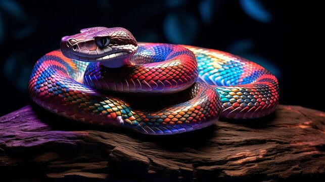 A rainbow boa displaying its iridescent scales under soft lighting