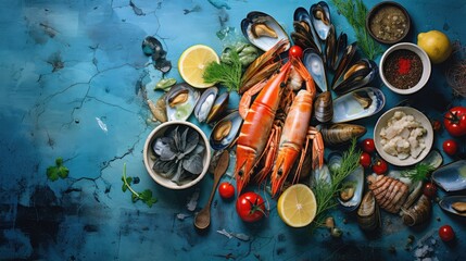 cook natural food blue top view illustration sea sea, meal steamed, background restaurant cook natural food blue top view - obrazy, fototapety, plakaty