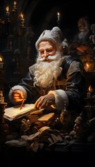 Santa Claus reading a book in the church. 3d illustration.