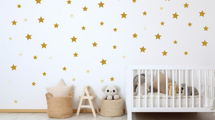 White wall with golden stars stickers in baby room interior. generative ai - obrazy, fototapety, plakaty