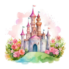 Cute watercolor princess castle Illustration, Generative Ai