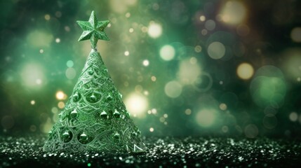 Green crystal glass Christmas tree background. Shiny green crystal ice Christmas tree greeting card with glitter and bokeh lights