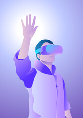 concept of virtual reality technology, graphic of a teenage gamer wearing VR head-mounted playing game, vector illustration