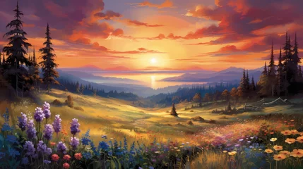 Foto op Canvas rural meadow view sun landscape illustration scenic background, rise beautiful, outdoor grass rural meadow view sun landscape © sevector