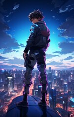 Obraz premium A cyberpunk anime hero standing on a rooftop at night, overlooking a neon - lit cityscape