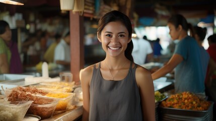 Naklejka premium female tourist at street night market in Thailand.