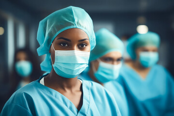 Group of surgeons in scrubs and masks in hospital.