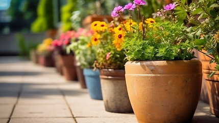 Flowers in ceramic pots in the garden on a sunny day