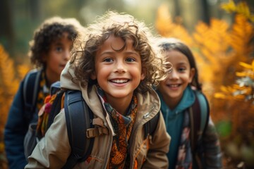 Group portrait of cheerful smiling multiethnic children with backpacks in autumn forest. Happy boys and girls of different skin colors play and learn tourism skills. Diversity and friendship concept.