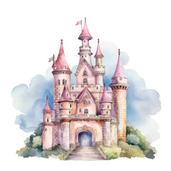 Cute watercolor princess castle Illustration, Generative Ai
