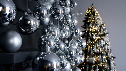 Silver Christmas decorations. Beautiful silver background with shiny silver balls. Festive mood....