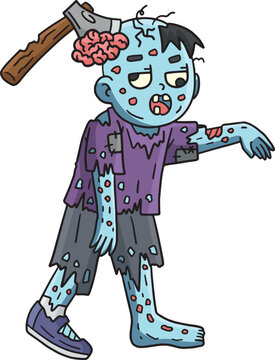 Zombie with an Ax on Head Cartoon Colored Clipart
