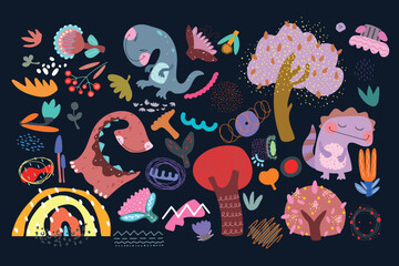 Set of cartoon nature, plants, flowers, geometric figure, dino on black background. Doodle, vector illustration.