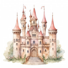 Fototapeta premium Cute watercolor princess castle Illustration, Generative Ai