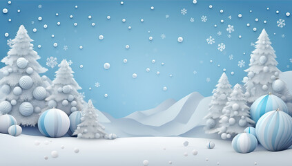 Winter christmas background with blue sky and snow. Merry Christmas and new year greeting card.