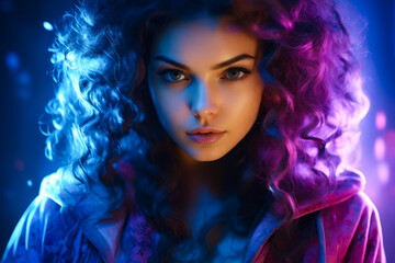 Woman with long curly hair and blue and purple hair.