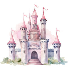 Fototapeta premium Cute watercolor princess castle Illustration, Generative Ai