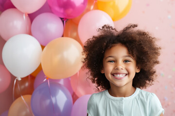 Fototapeta na wymiar Happy Afro-american little girl excited looking up in the balloons