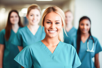 Fototapeta premium Smiling group of women healthcare professionals wearing scrubs and posing together in a hospital. Portrait of diverse female nurses together. 