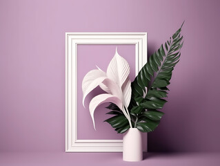 Beautiful empty wooden frame on violet wall room background, spathiphyllum cannifolium leaves...