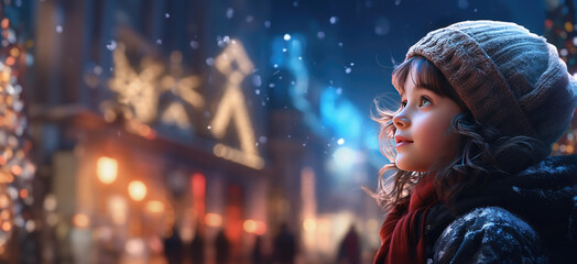 A side view of a happy girl under a Christmas tree in a snow-covered city square. Generative Ai. - 674480608