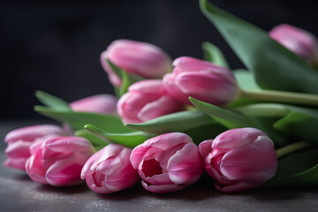 Bouquet of pink tulips on a dark background