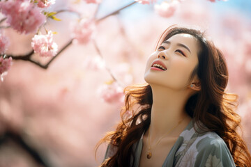 Obraz na płótnie Canvas A asian woman breathes calmly looking up enjoying spring air