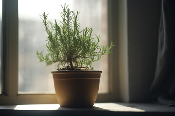 Potted rosemary on windowsill indoors space for text