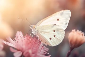 White butterfly on a pink flower close-up
