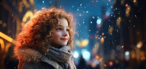 A side view of a happy girl under a Christmas tree in a snow-covered city square. Generative Ai.