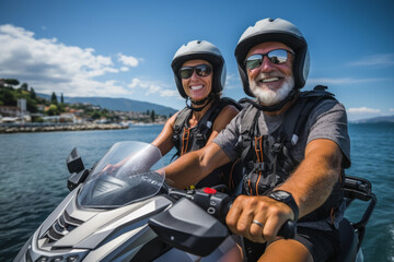 Fototapeta na wymiar Cheerful senior Caucasian couple in safety helmets and life vests riding jet ski on a lake or along sea coast. Active elderly people having fun on water scooter. Healthy lifestyle for retired persons.