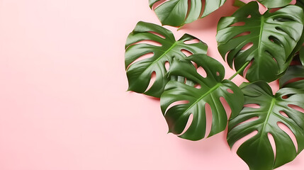 Green tropical leaf Monstera on pink background Close-up