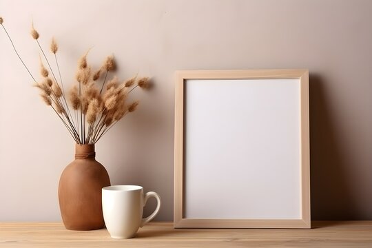 Empty wooden picture frame mockup hanging on beige wall background. Boho-shaped vase, dry flowers on table. Cup of coffee. Generaive AI