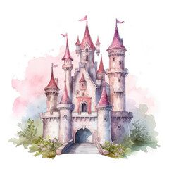Cute watercolor princess castle Illustration, Generative Ai