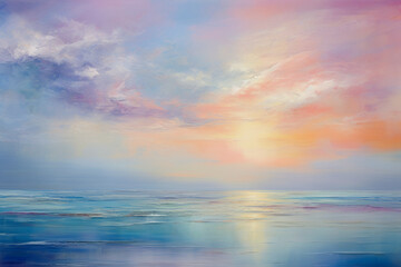 Fototapeta na wymiar Ilustración estilo acuarela del paisaje del mar en calma en un atardecer colorido.