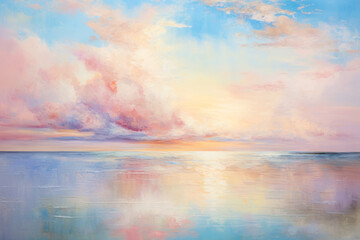 Ilustración estilo acuarela del paisaje del mar en calma en un atardecer colorido. - obrazy, fototapety, plakaty