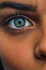 Close-up of the face of dark-skinned woman with bright blue eyes, close-up of woman's face, the embodiment of genuine beauty