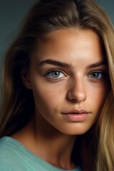 Close-up of the face of young woman with bright green eyes, close-up of the face of European woman, the embodiment of genuine beauty