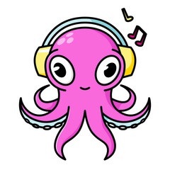 Cartoon octopus with headphones. Vector illustration. Isolated on white.