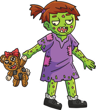 Zombie Girl with a Plushie Cartoon Colored Clipart
