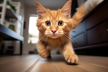 Playful Ginger Cat Jumping And Playing At Home
