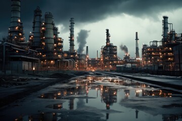Petrochemical Plant With Reactors And Converters Under Heavy Sky. Сoncept Industrial Landscape, Chemical Processing, Heavy Machinery, Pollution Impact, Petrochemical Industry
