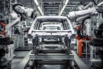 Naklejka premium Production Line In An Automobile Plant. Сoncept Automated Assembly, Quality Control, Efficient Manufacturing, Robotics In Automotive, Mass Production