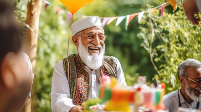 Muslim Senior Man In Garden, Laughing During Birthday Festivities.