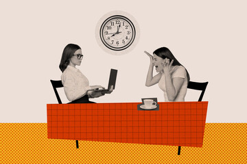 Composite collage psychotherapist woman tell her problems to professional psychology in cafeteria...